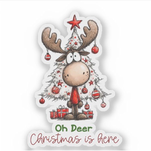 Oh Deer Christmas Is Here Cute Reindeer Christmas シール (正面)