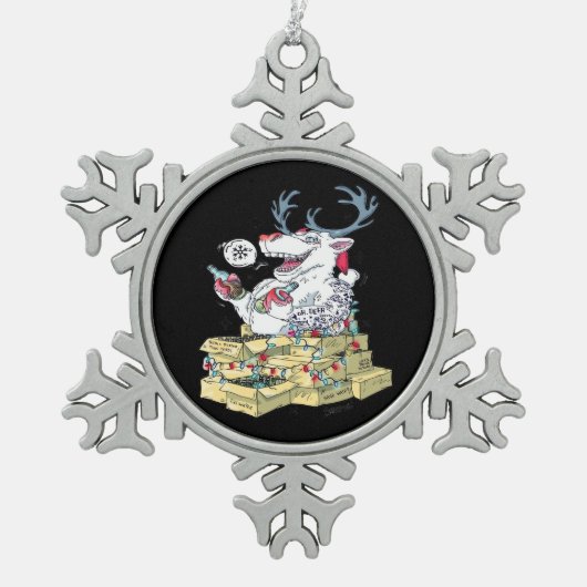 Oh Deer Drunk Reindeer Celebrating Christmas Festi スノーフレークピューターオーナメント (正面)