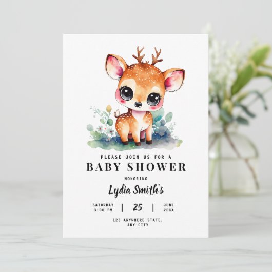 Oh Deer Girl Baby Shower Baby Girl Shower Greenery 招待状 (スタンド正面)