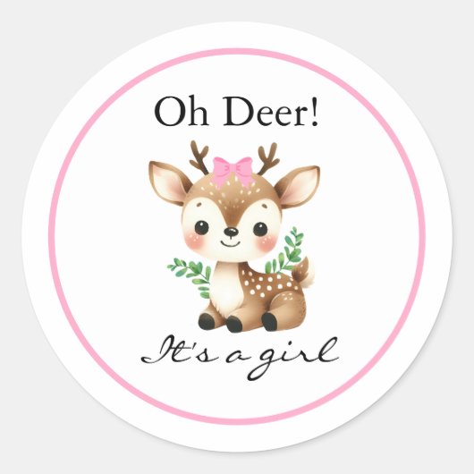 Oh Deer It's A Girl Baby Shower ラウンドシール (正面)