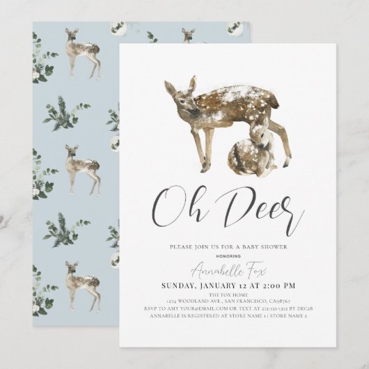 Oh Deer Mom & Fawn Blue Boy Baby Shower 招待状 (正面/裏面)