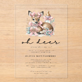 Oh Deer Pink Bows Woodland Forest Baby Shower  アクリル招待状