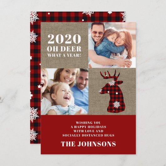 Oh Deer Plaidおもしろい Snowflakesフォトコラージュ シーズンカード (正面/裏面)