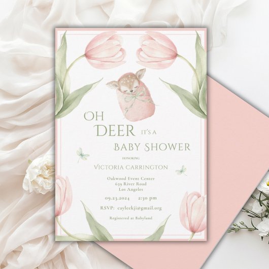 Oh Deer Tulips Pink Baby Shower 招待状