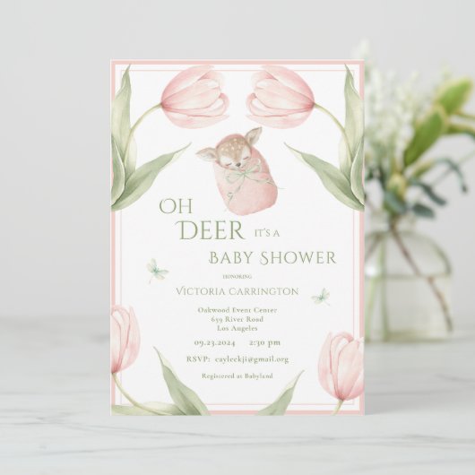 Oh Deer Tulips Pink Baby Shower 招待状 (スタンド正面)