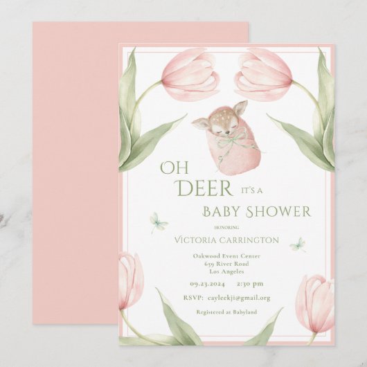 Oh Deer Tulips Pink Baby Shower 招待状 (正面/裏面)
