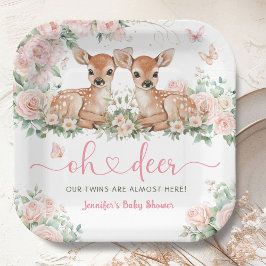 Oh Deer Twin Girls Baby Shower Pink ペーパープレート