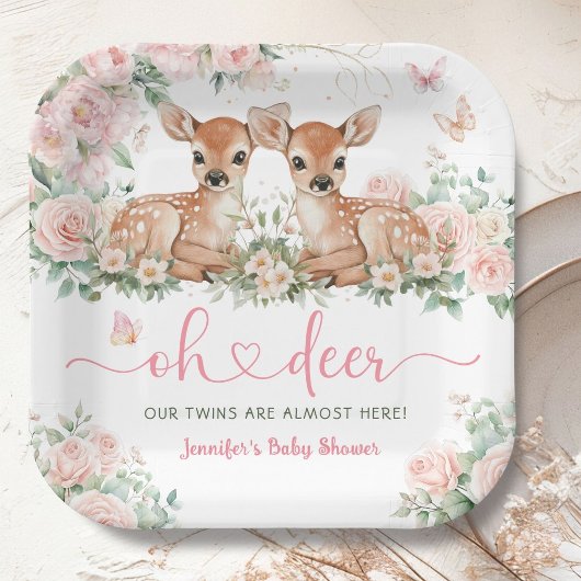 Oh Deer Twin Girls Baby Shower Pink ペーパープレート