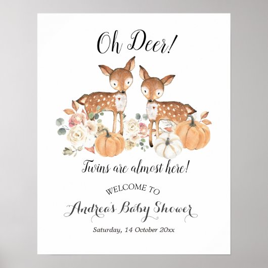 Oh Deer Twins Pumpkin Baby Shower Welcome Sign ポスター (正面)
