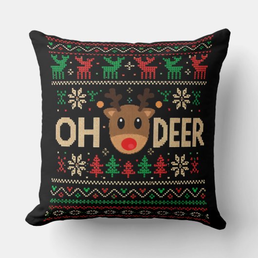 Oh Deer Ugly Christmas Sweater Throw Pillow クッション (正面)
