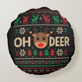 Oh Deer Ugly Christmas Sweater Throw Pillow ラウンドクッション
