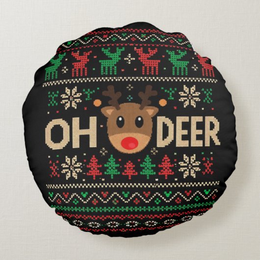 Oh Deer Ugly Christmas Sweater Throw Pillow ラウンドクッション (裏面)