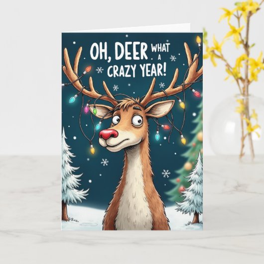 Oh Deer What a Crazy Year Funny Reindeer Card カード (黄色い花)