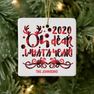 Oh Deer What a Year 2020 Red Buffalo Plaid Name セラミックオーナメント