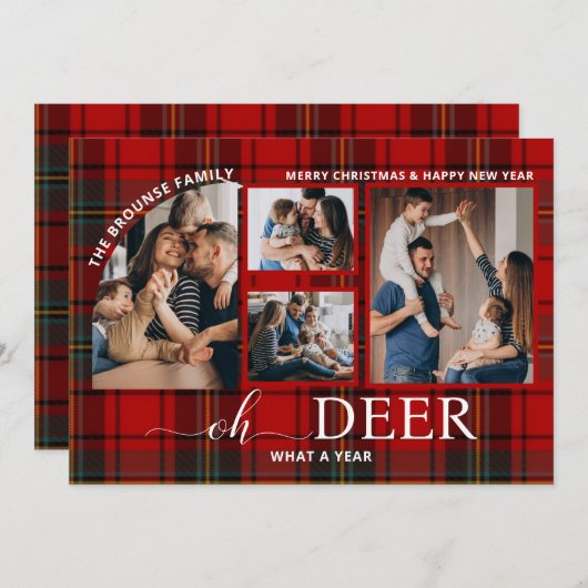 Oh Deer What a Year Plaidクリスマスフォトコラージュ シーズンカード (正面/裏面)