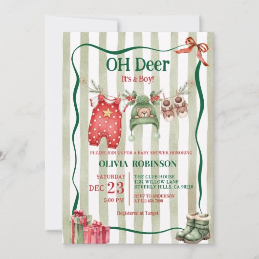 Oh Deer Winter Clothesline Baby Shower 招待状 (正面)