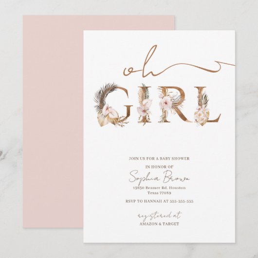 Oh Girl Boho Tropical Flowers Girl Baby Shower 招待状 (正面/裏面)