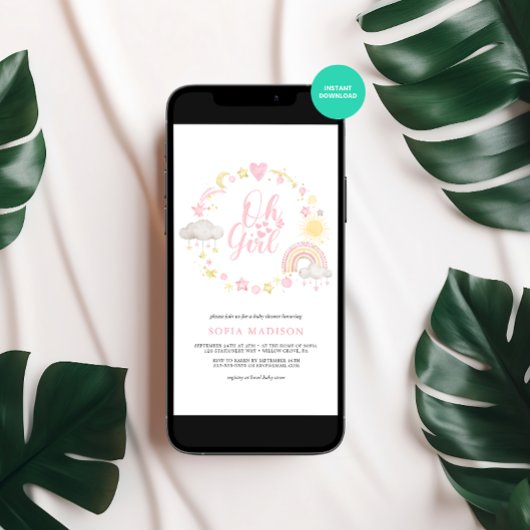 Oh Girl Frame Boho Rainbow Baby Shower 招待状