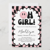 Oh Girl! Pink Checkered Happy Face Baby Shower 招待状 (正面)