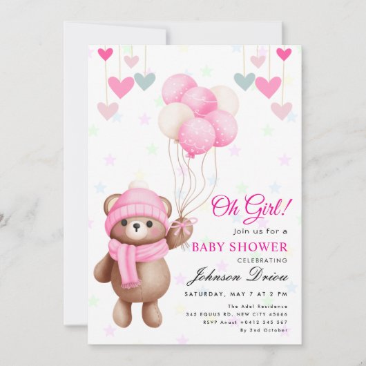 “Oh Girl!” teddy bear balloon baby shower 招待状 (正面)