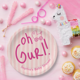 Oh Gurl ピンクストライプ ガールベビーシャワー ペーパープレート
