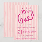 Oh Gurl ピンクストライプ ガールベビーシャワー 招待状 (正面/裏面)