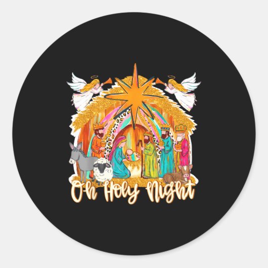 Oh Holy Night Christian Nativity Scene Christmas R ラウンドシール (正面)