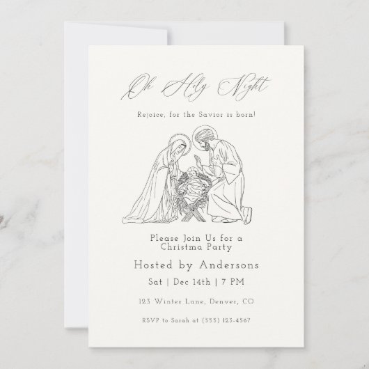 Oh Holy Night Christmas Minimal Nativity Line 招待状 (正面)
