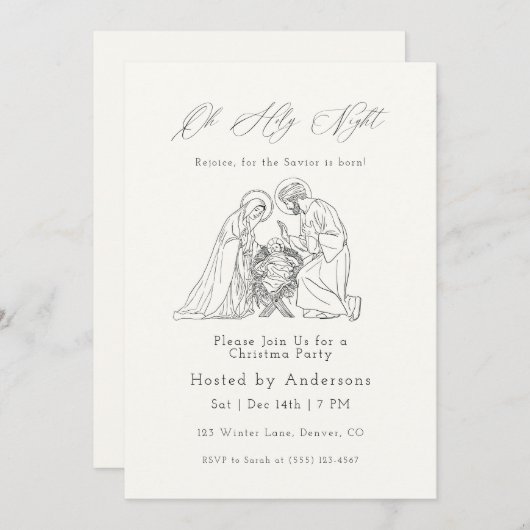 Oh Holy Night Christmas Minimal Nativity Line 招待状 (正面/裏面)