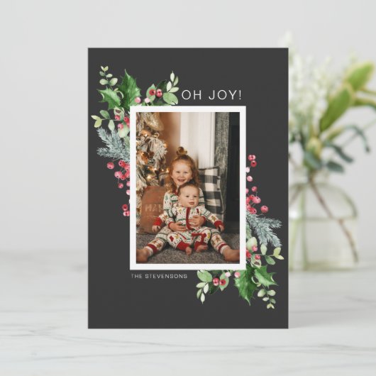 Oh Joyフォトウォーターカラークリスマスグリーティングカード (スタンド正面)