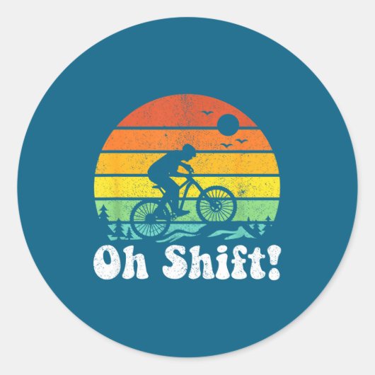 Oh Shift Funny Mountain Bike Rider Biking Retro Cy ラウンドシール (正面)