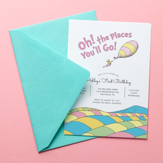 Oh! the Places You'll Go! | 女の子の1歳の誕生日 招待状