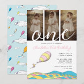 「Oh! the Places You'll Go!」女の子の1歳の誕生日フォト 招待状 (正面/裏面)