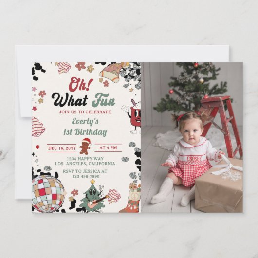 Oh Whatおもしろいクリスマスディスコボール誕生日写真 招待状 (正面)