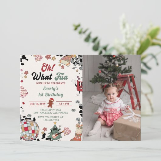 Oh Whatおもしろいクリスマスディスコボール誕生日写真 招待状 (スタンド正面)