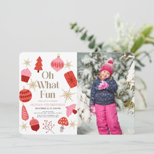 Oh Whatおもしろいクリスマスピンク誕生日写真 招待状 (スタンド正面)