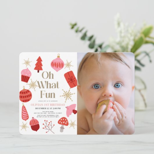 Oh Whatおもしろいクリスマスピンク1stバースデーフォト 招待状 (スタンド正面)