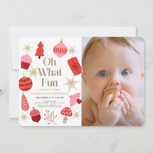 Oh Whatおもしろいクリスマスピンク1stバースデーフォト 招待状 (正面)