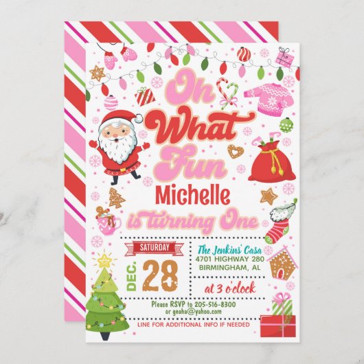 Oh Whatおもしろいクリスマス1日の誕生日（女の子） 招待状 (正面/裏面)