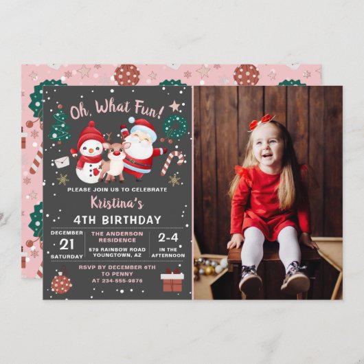 Oh Whatおもしろいピンクブラッククリスマス誕生日写真 招待状 (正面/裏面)