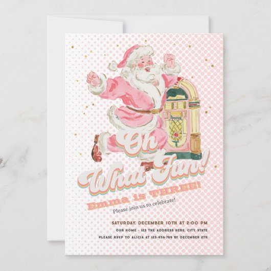 Oh Whatおもしろいピンクレトロサンタをテーマにした女の子誕生日 招待状 (正面)