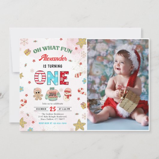 Oh Whatおもしろい冬クリスマス1st誕生日の写真 招待状 (正面)