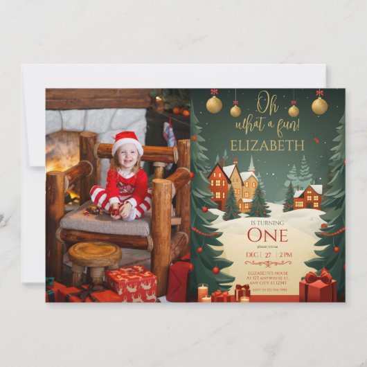 Oh Whatおもしろい第1バースデーフォトクリスマス 招待状 (正面)