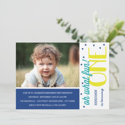 Oh Whatおもしろい1st誕生日フォトパーティー招待状/青 招待状 (スタンド正面)