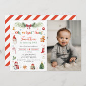Oh What カラフルおもしろい第1回クリスマス誕生日写真 招待状 (正面/裏面)
