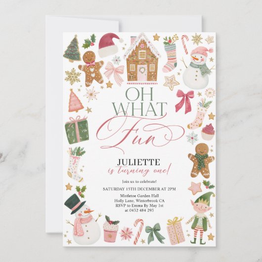 Oh What Fun! 1st Birthday Christmas Festive  招待状 (正面)