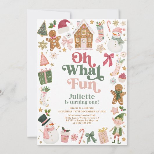 Oh What Fun! 1st Birthday Christmas Invitation 招待状 (正面)