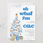 Oh what fun Blue tree christmas birthday  招待状 (正面)