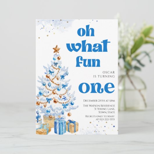 Oh what fun Blue tree christmas birthday  招待状 (スタンド正面)