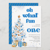 Oh what fun Blue tree christmas birthday  招待状 (正面/裏面)
